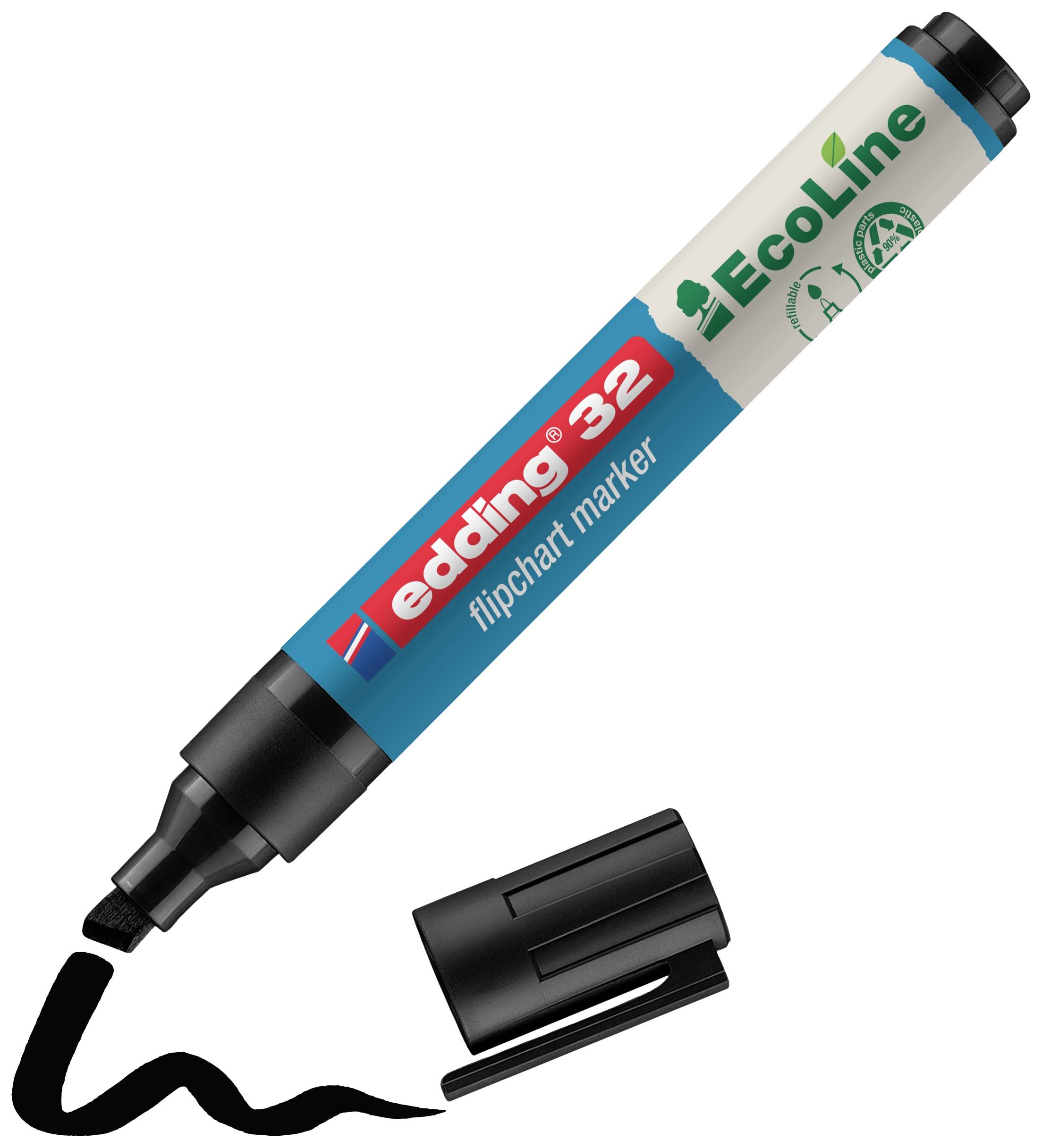 Un marqueur Flipchart Edding 32 bleu de la série EcoLine, est posé à côté de son capuchon noir retiré.