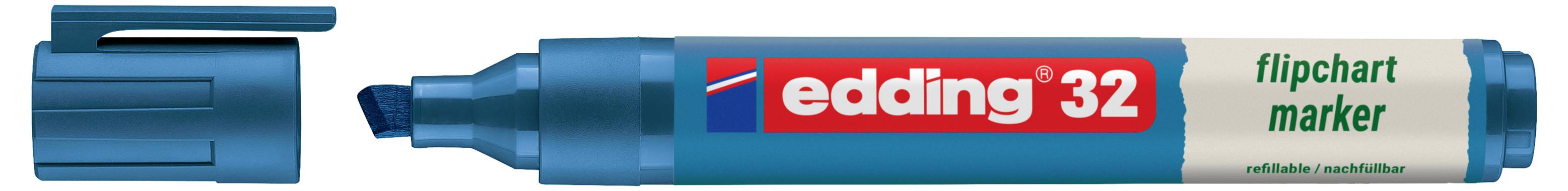 Marqueur de tableau à feuilles mobiles Edding 32 bleu avec une pointe biseautée et un capuchon présenté à côté, étiqueté « edding 32 » et « marqueur de tableau à feuilles mobiles ».