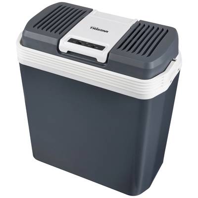 Un refroidisseur portable gris foncé avec un couvercle blanc et des évents d'aération. Idéal pour le transport des aliments et des boissons.
