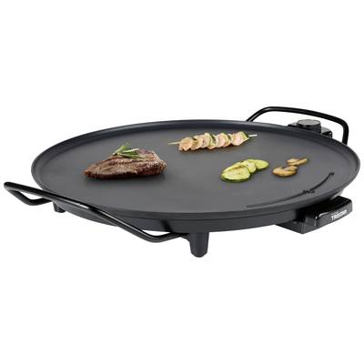 Plaque de grill électrique avec un steak grillé, des brochettes de légumes et des champignons, idéale pour préparer simultanément différents plats.