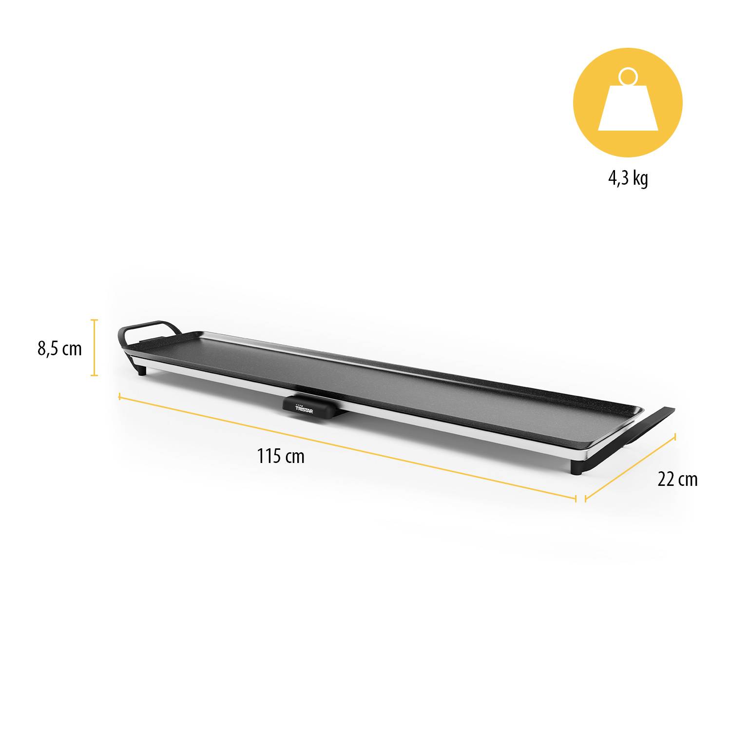 Plaque de grill électrique aux dimensions 115 x 22 x 8,5 cm et d'un poids de 4,3 kg. Adaptée pour griller une variété de plats.