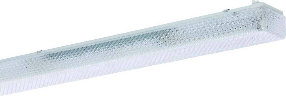 Un luminaire de plafond rectangulaire avec du verre structuré, émettant une lumière blanche et fraîche. Adapté aux bureaux ou aux ateliers.