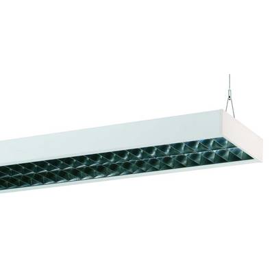 Lampe suspendue blanche rectangulaire avec une structure de grille réfléchissante en bas, fixée par de fins câbles.