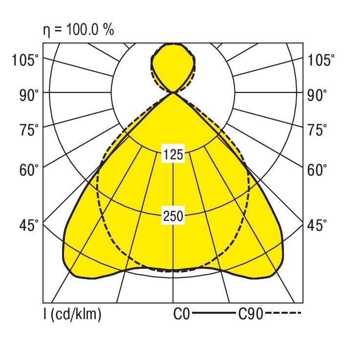 Un diagramme polaire montre la répartition lumineuse dans deux plans (C0 et C90). Valeurs maximales de 125 et 250 candelas par kilomètre. Efficacité : 100 %.