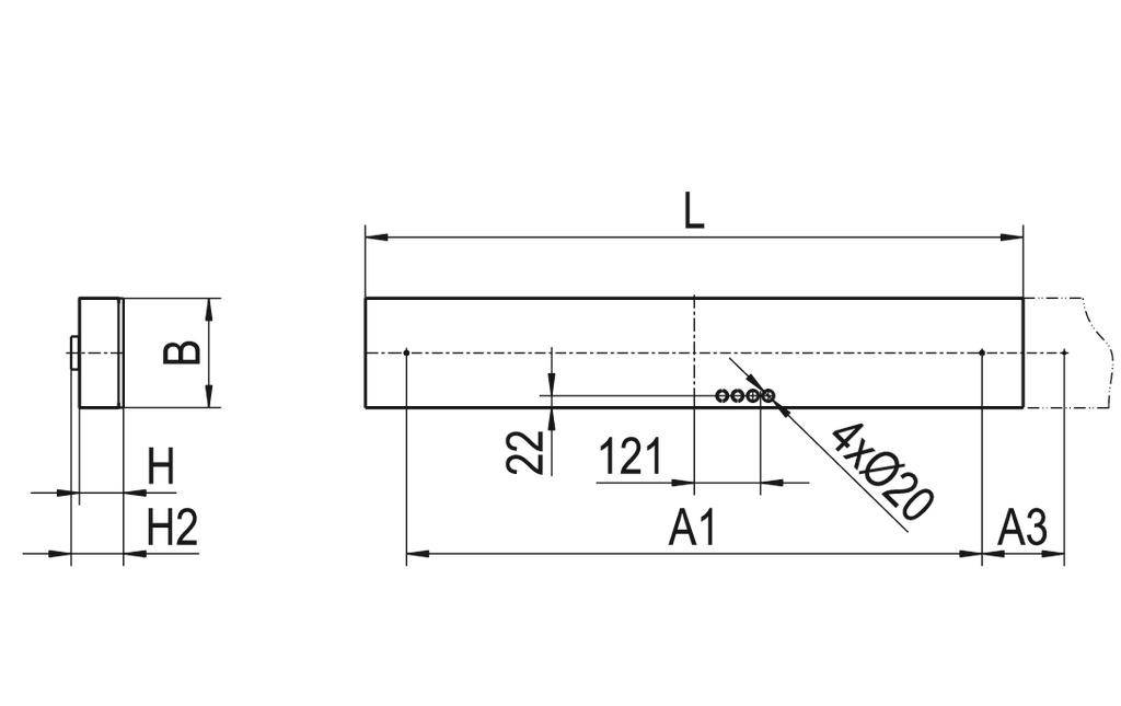Dessin technique d'un composant rectangulaire avec les dimensions : largeur B, hauteur H, longueur L. Perçages en A1 et 4xØ20 marqués.