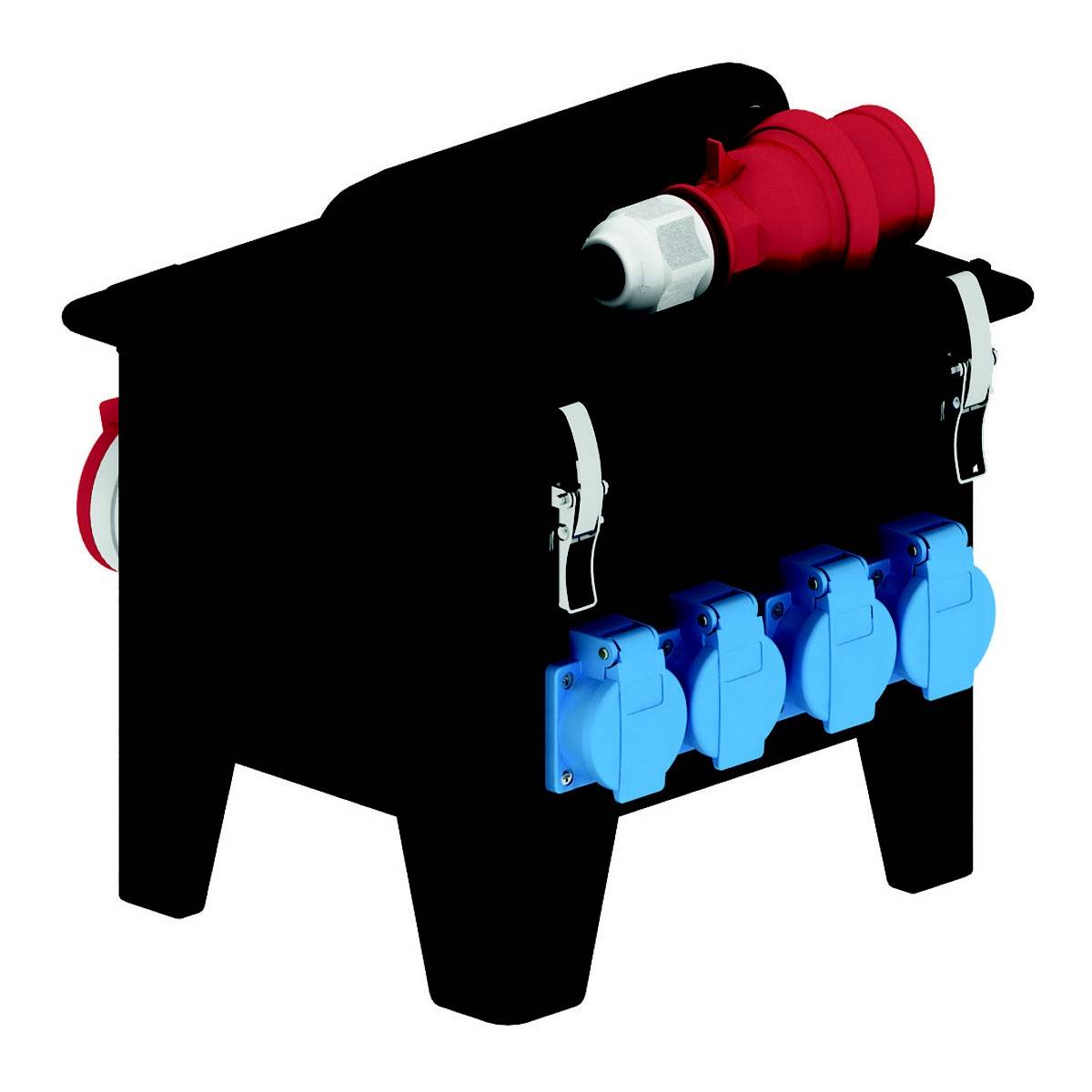 Un boîtier de distribution noir avec plusieurs prises électriques bleues et rouges, adapté aux applications industrielles et à la distribution de courant.