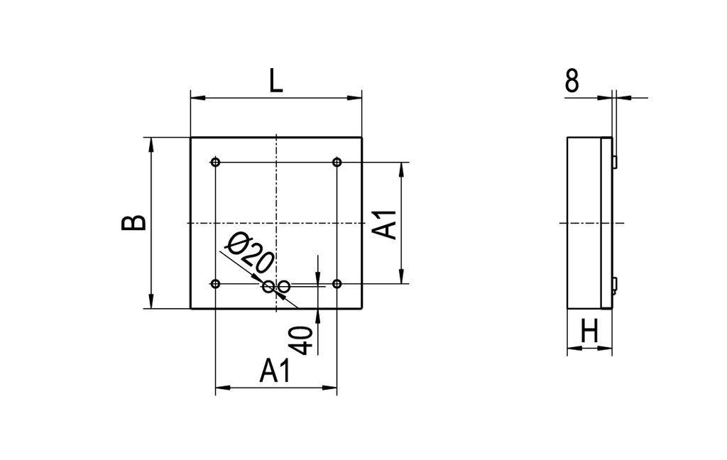 Dessin technique avec les dimensions d'un objet rectangulaire, vue de face et vue latérale ; marqué L, B, A1, Ø10, 40, H, 8.