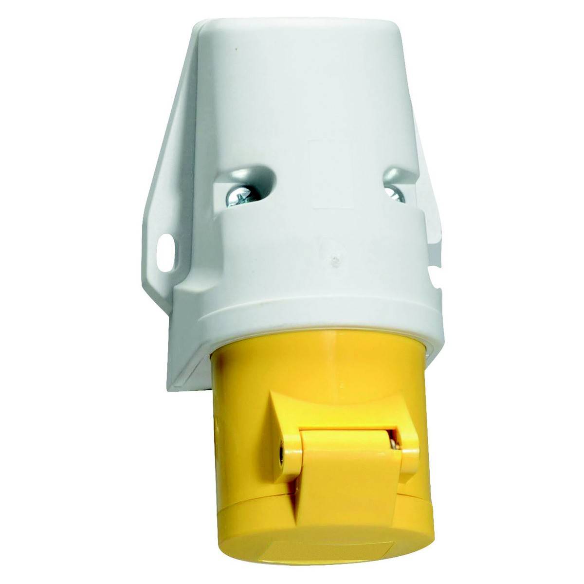 Prise industrielle en blanc et jaune, adaptée aux tensions élevées, avec un boîtier robuste pour les applications industrielles.
