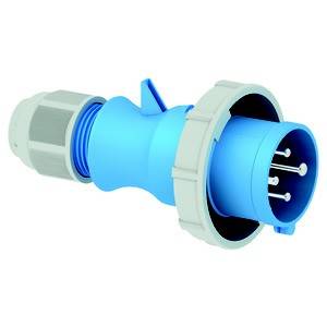 Un connecteur CEE cylindrique bleu avec des accents gris, utilisé pour des connexions électriques industrielles.