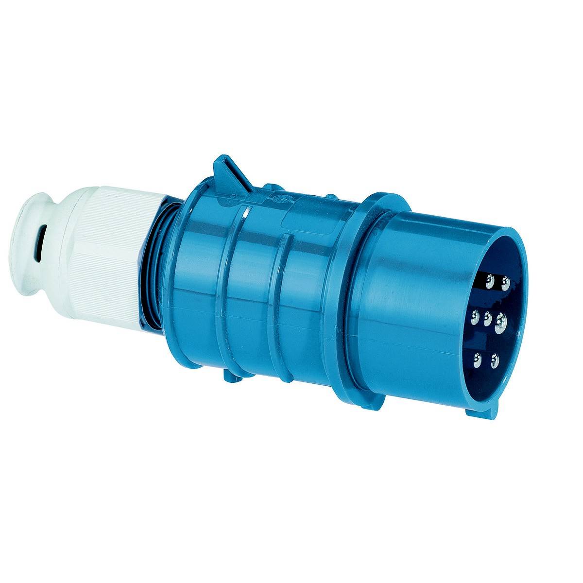 Fiche CEE bleue à cinq contacts et bague de serrage. Adaptée aux applications industrielles d'alimentation électrique.