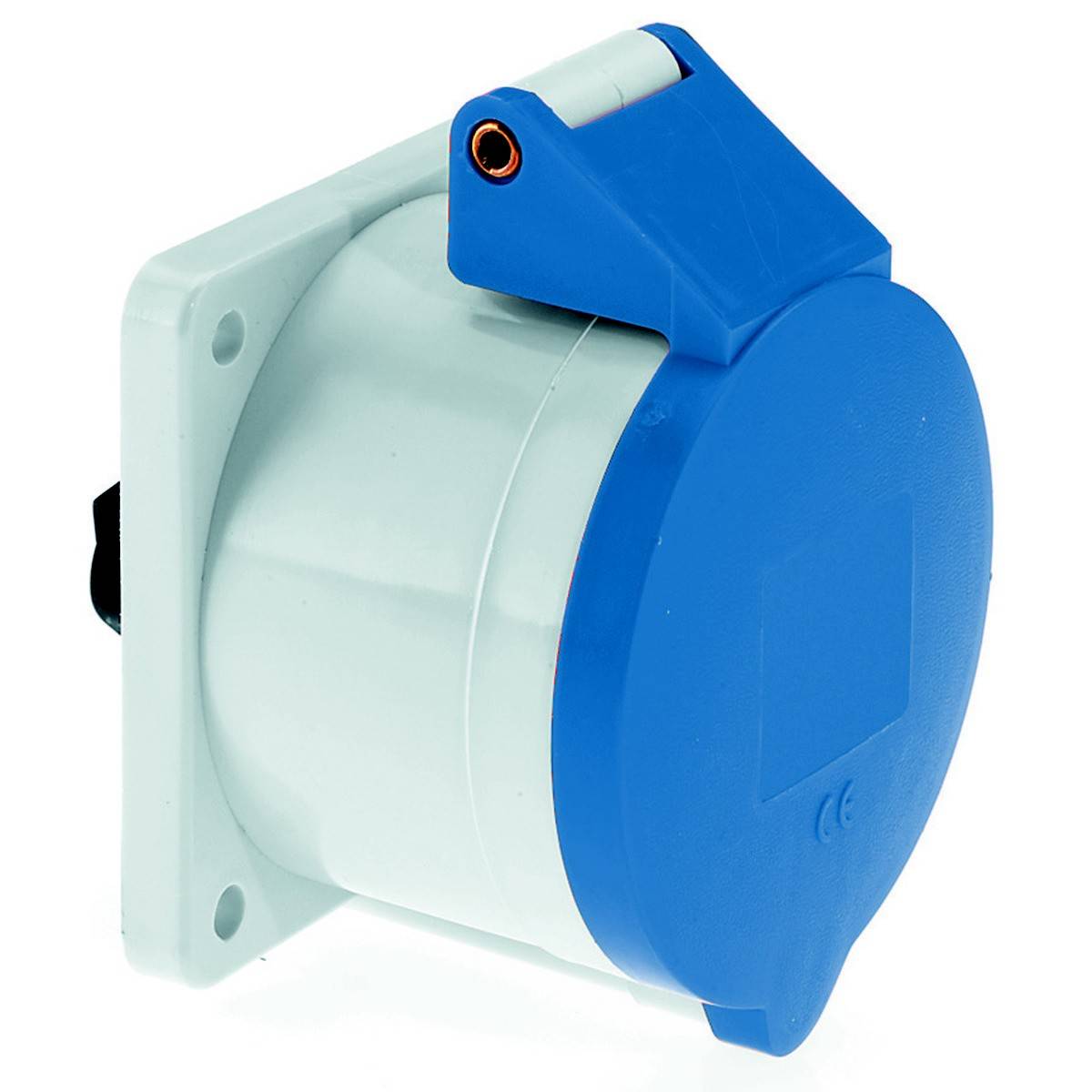 'Prise industrielle avec couvercle rabattable bleu, montée sur plaque blanche. Adaptée pour une utilisation dans les installations électriques.'