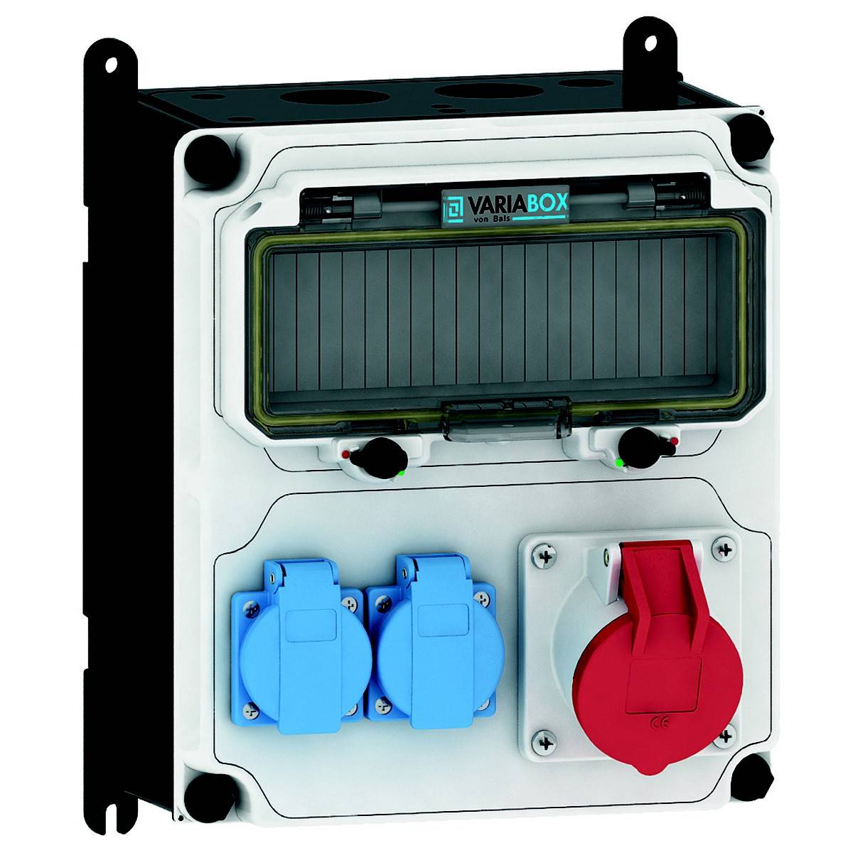 Boîte de prises multistandard 'VARIABOX' avec trois prises : deux bleues et une rouge. Le boîtier est robuste et conçu pour résister aux intempéries.