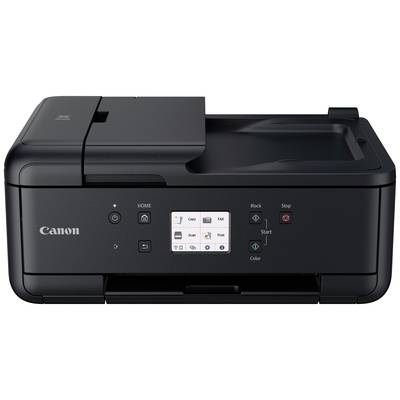 Un imprimante multifonction noir avec un écran tactile affichant des options pour copier, numériser, télécopier et imprimer.