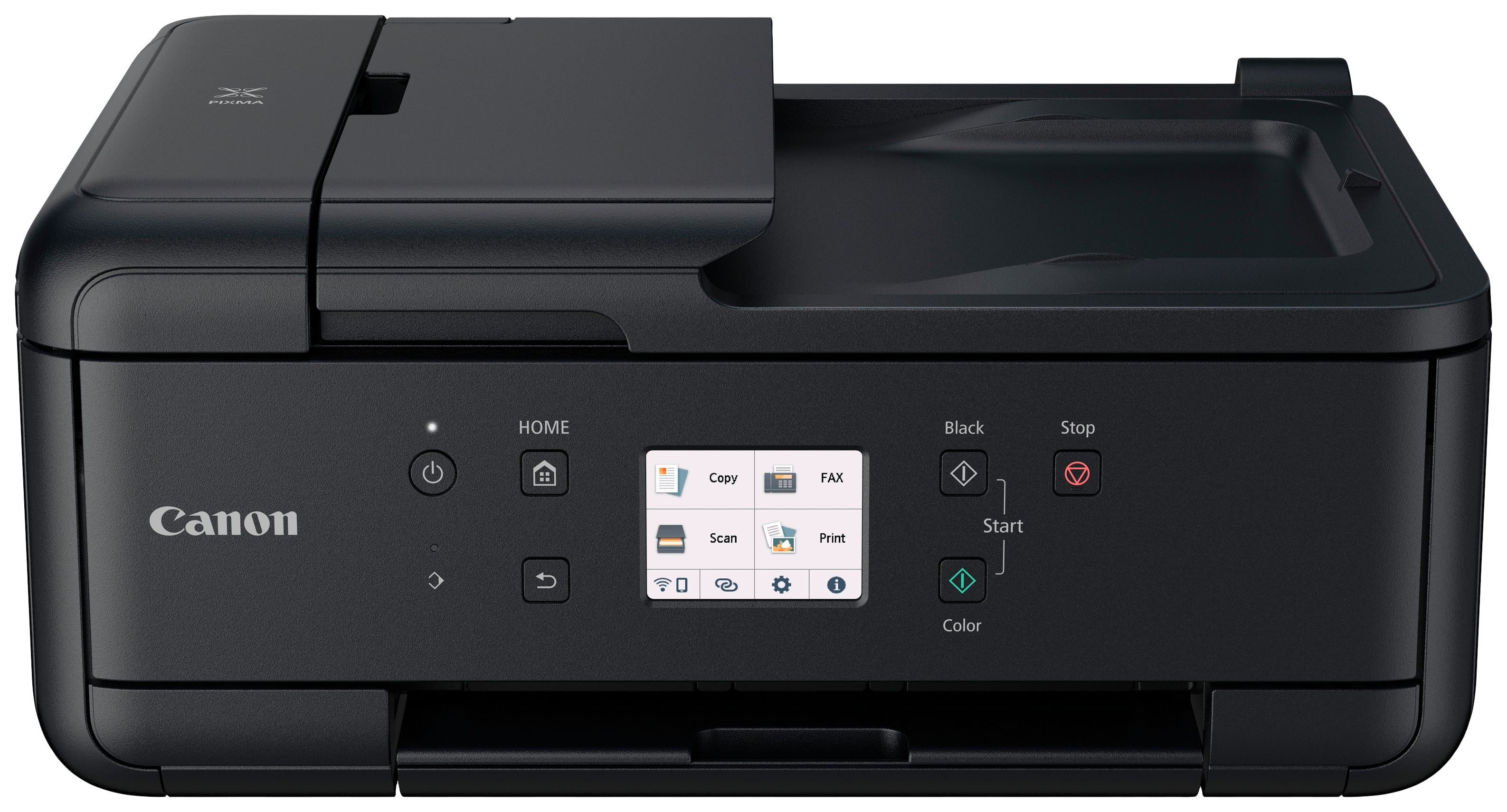 Un imprimante multifonction noir avec un écran tactile affichant des options pour copier, numériser, télécopier et imprimer.