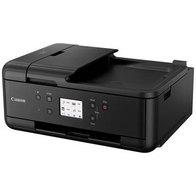 Un imprimante multifonction noir avec un petit écran à l'avant, plusieurs touches pour les options de commande et le logo 'Canon'.