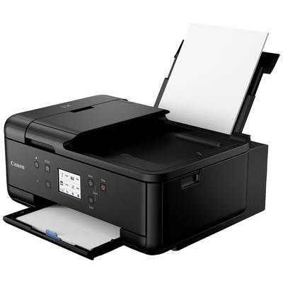 Imprimante jet d'encre noir avec alimentation papier ouverte en haut et sortie papier en bas. L'affichage numérique indique l'état de l'impression.
