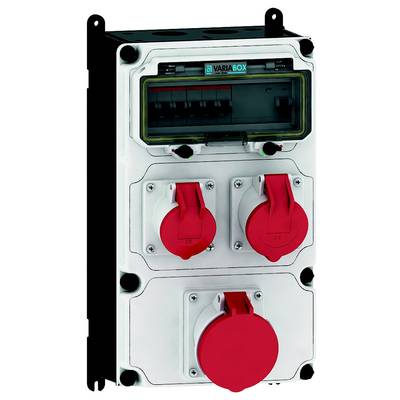 Une boîte de distribution blanche avec plusieurs connexions rouges et une zone de couverture transparente pour les interrupteurs en haut.