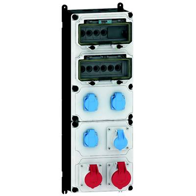 Un panneau de distribution électrique avec plusieurs prises électriques bleues et rouges et des couvercles transparents, monté sur une plaque noire.