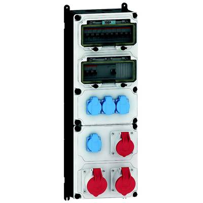 Un boîtier de distribution avec plusieurs prises électriques bleues et rouges, adapté aux applications industrielles. Des fusibles sont placés en haut.