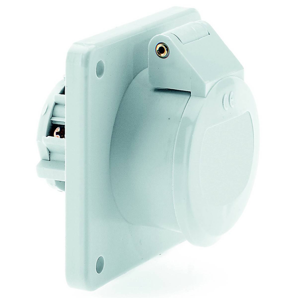 Un support de prise gris et carré pour montage à plat. Adapté pour une utilisation dans les installations électriques.