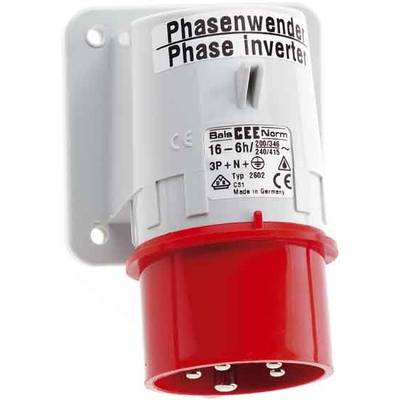 Inverseur de phase - Fiche de courant fort avec connexion rouge. Adapté pour l'alimentation électrique triphasée. Informations de marque visibles sur l'étiquette.