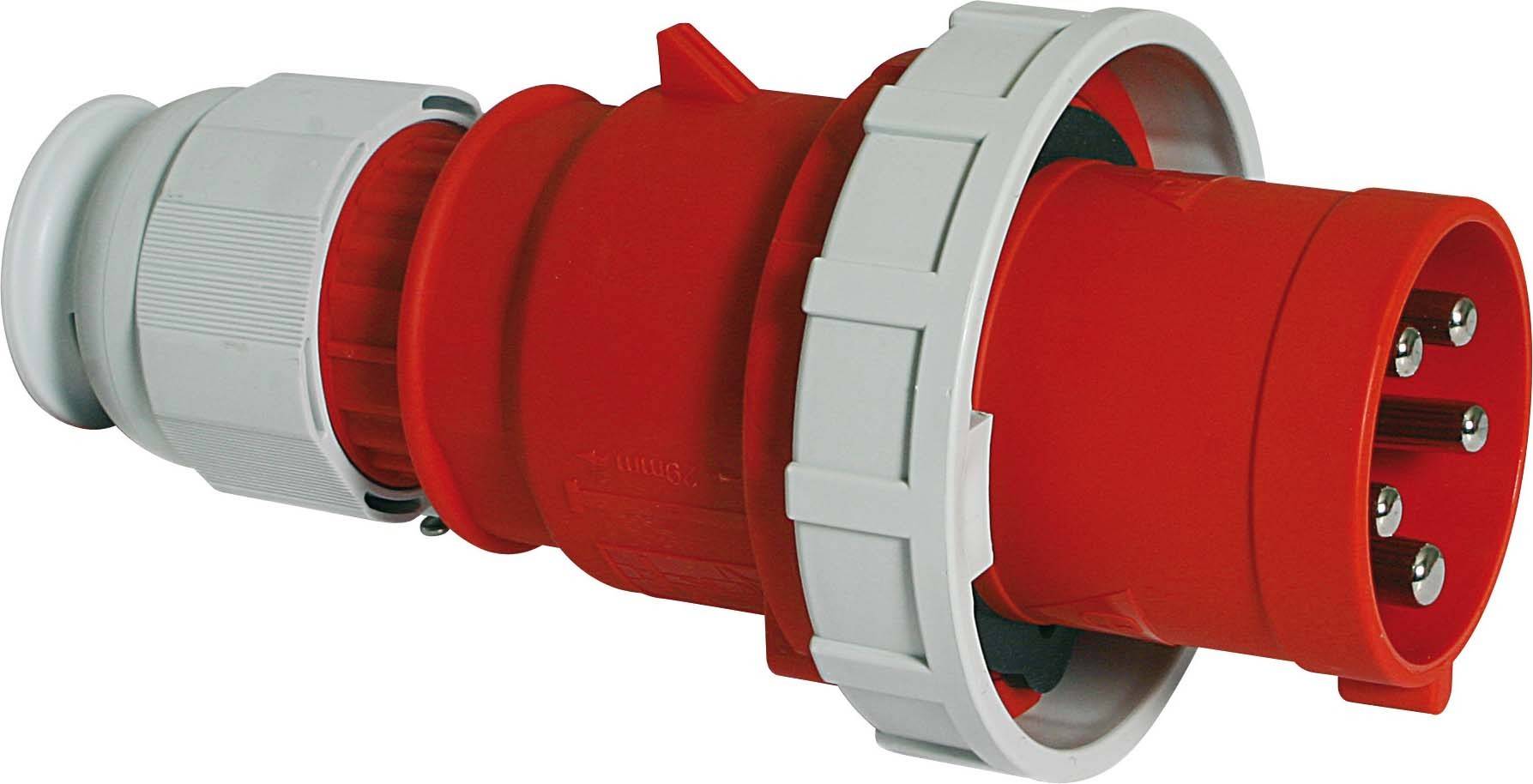 Prise industrielle rouge à trois broches métalliques et verrou rotatif gris, utilisée pour des connexions électriques lourdes.