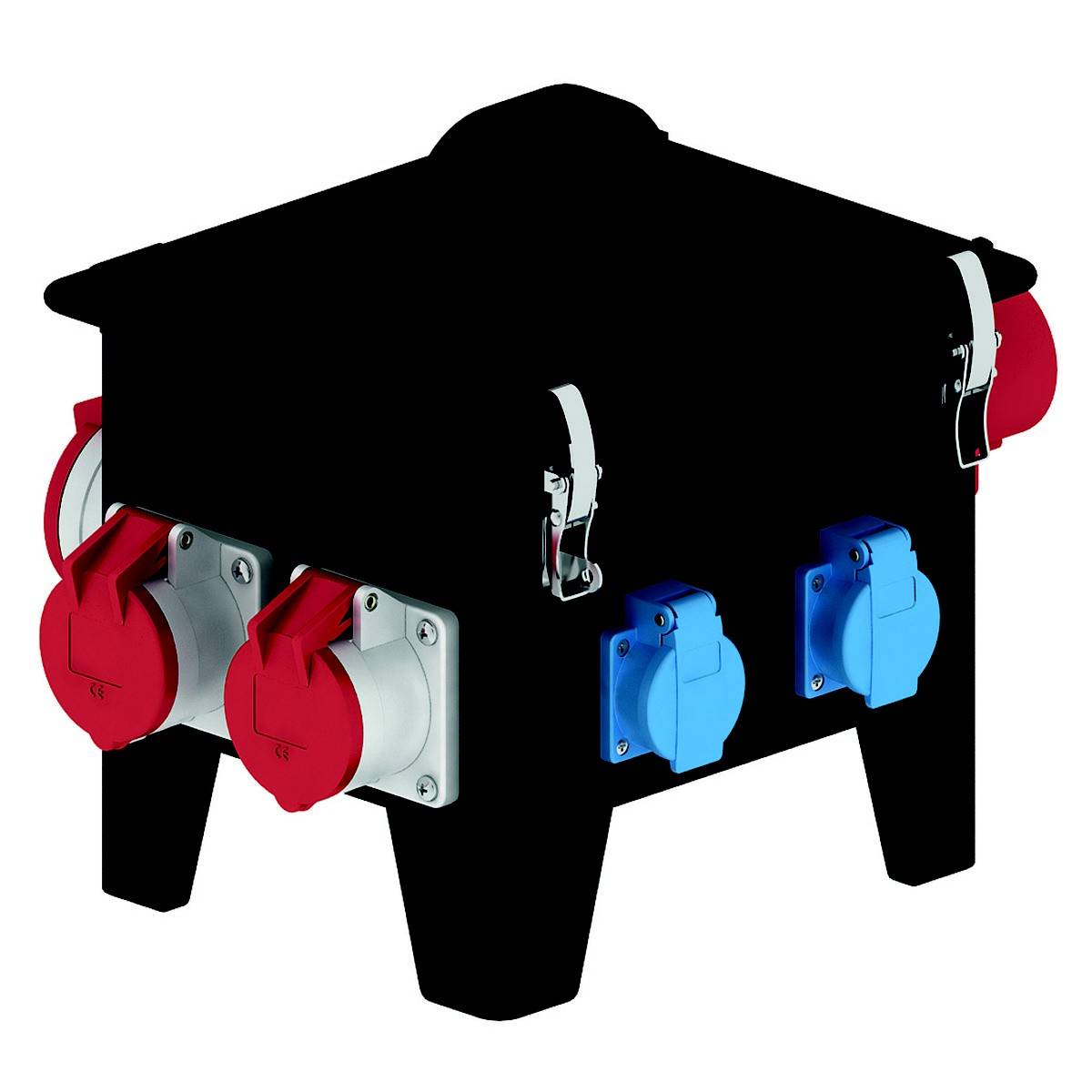 Un boîtier de distribution électrique mobile noir avec des prises rouge et bleue. Adapté pour les chantiers et les événements.