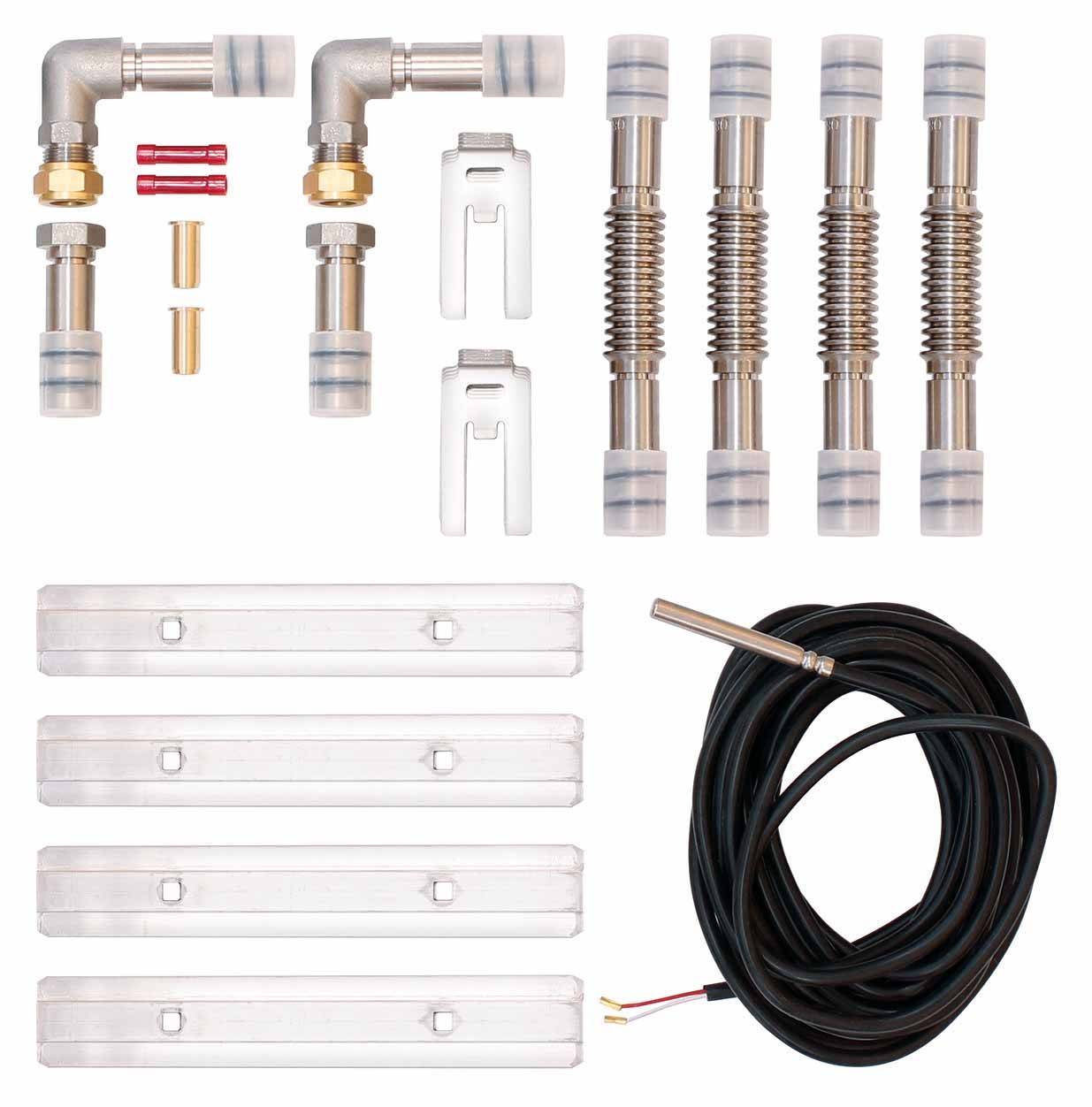 Un kit de montage pour installation de chauffage comprenant des tuyaux, des raccords, des colliers et un capteur de câble, disposés de manière symétrique.