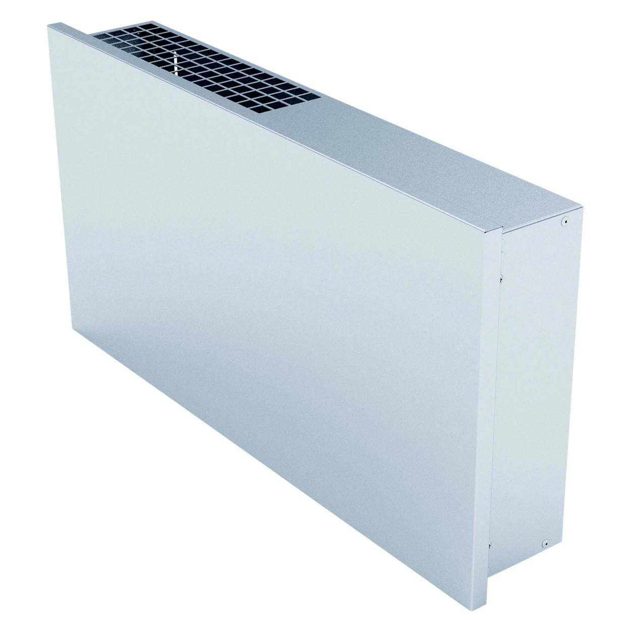 Appareil de ventilation avec boîtier rectangulaire en métal et grille de ventilation sur le dessus, utilisé pour le renouvellement de l'air dans les espaces intérieurs.