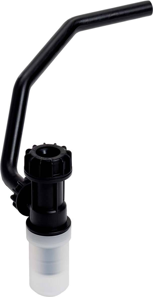 Un embout de pompe manuelle noir avec un bec courbé et un filtre blanc à la base. Idéal pour le transvasement de liquides.