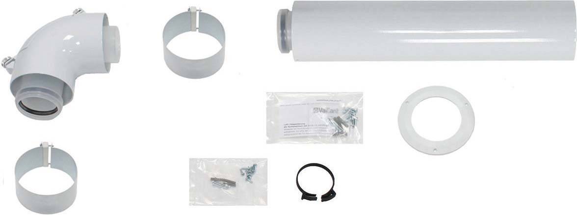 Composants d'un ensemble de conduits de ventilation : coude, tuyau droit, colliers de fixation, joint d'étanchéité et matériel de montage.