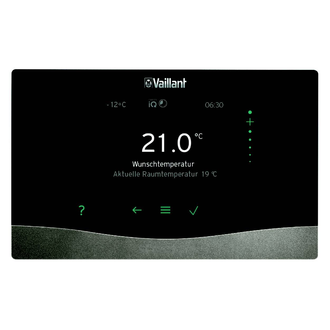 L'affichage du thermostat Vaillant indique 21,0°C comme température souhaitée et 19,0°C comme température ambiante actuelle. Options de contrôle disponibles.