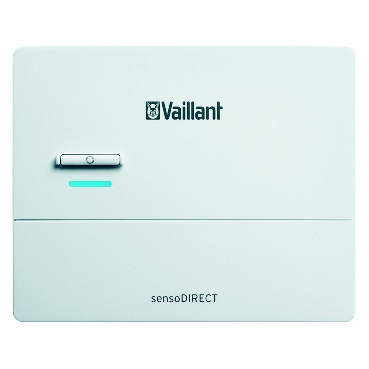 Une unité de commande Vaillant sensoDIRECT au design minimaliste. Un voyant vert est situé en haut à gauche.