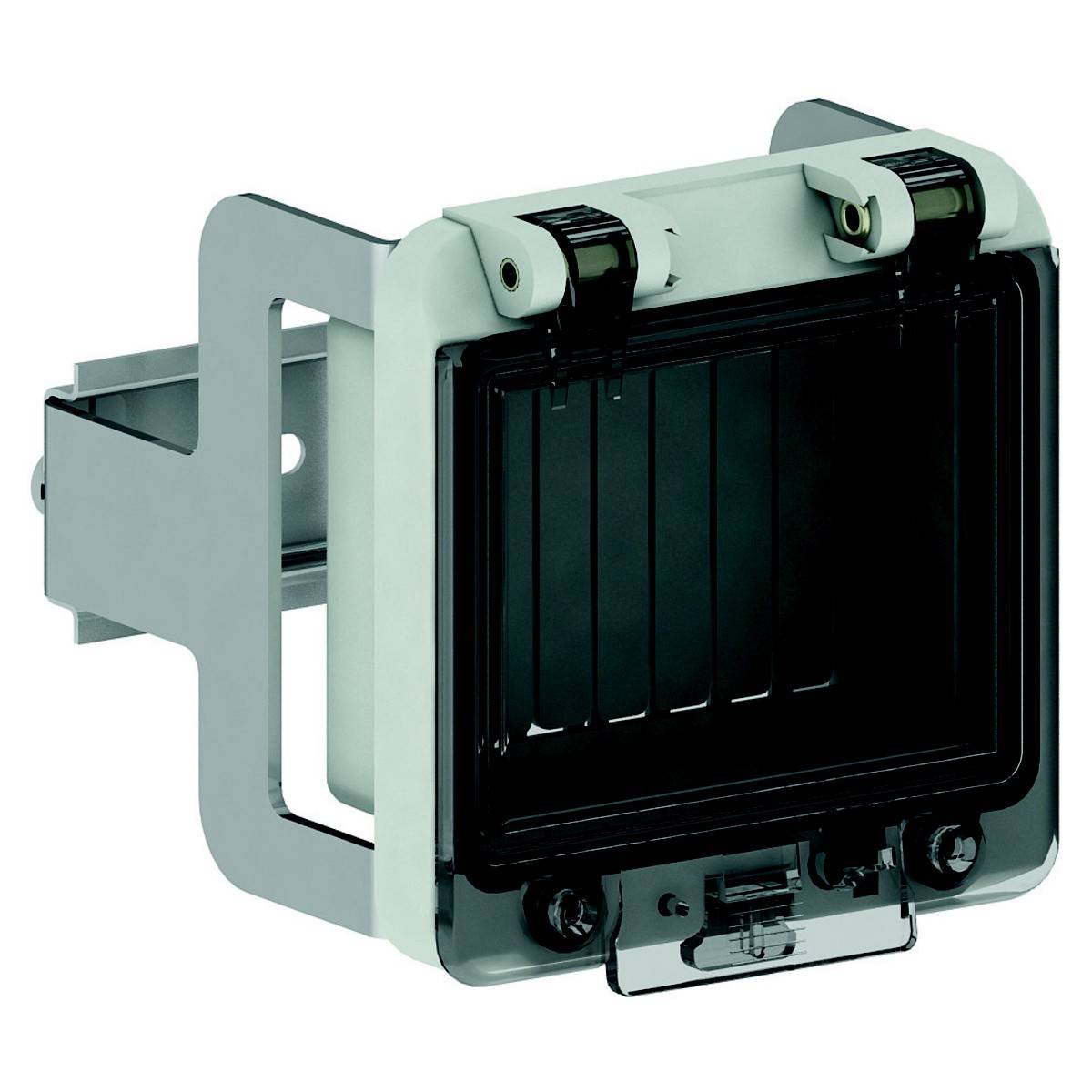 Prise électrique avec cache de protection, prévue pour montage mural, construction robuste, adaptée à une utilisation en extérieur.
