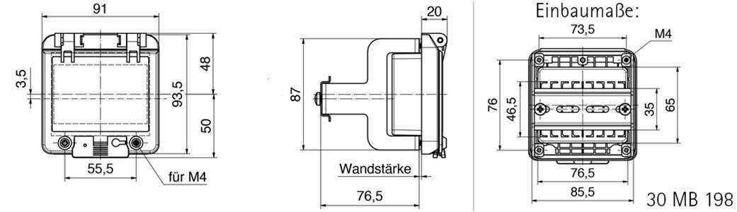 Dessin technique d'un composant avec des dimensions spécifiques : 91 x 87 x 76,5 mm. Marquage pour vis M4 et épaisseur de paroi de 20 mm.