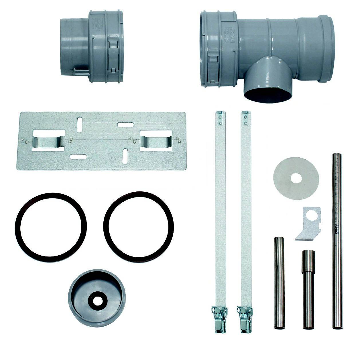 Un ensemble de raccordement de tuyaux composé de tubes en plastique gris, de joints d'étanchéité, de supports métalliques et de matériel de montage.