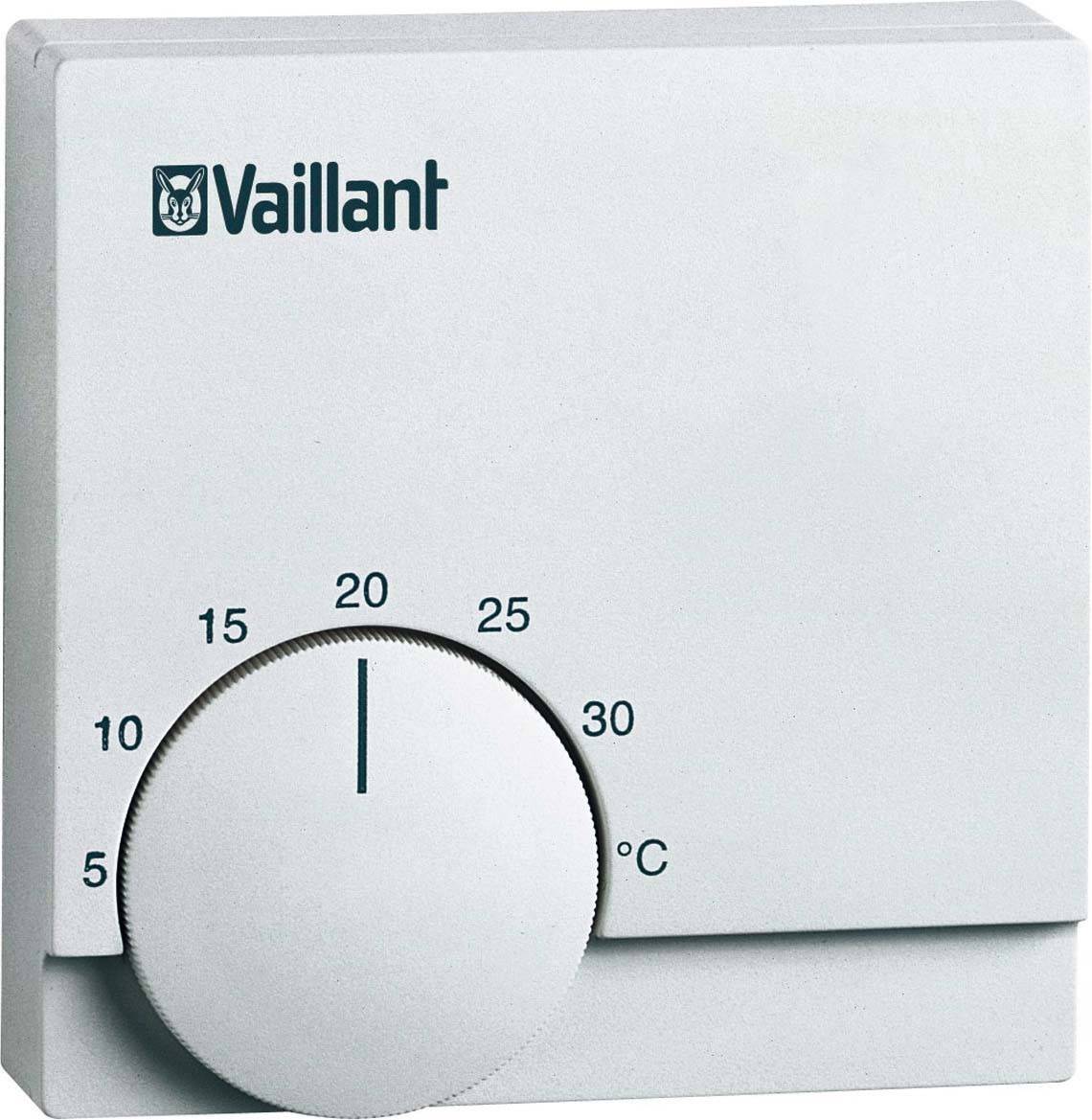 Un thermostat portant le logo 'Vaillant', dont l'échelle va de 5 à 30 degrés Celsius, est réglé sur 20 degrés.