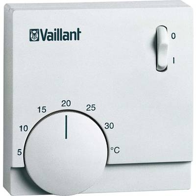 Thermostat de chauffage avec bouton de réglage, affichant des températures de 5 à 30 degrés Celsius et un interrupteur Marche/Arrêt. Logo 'Vaillant'.