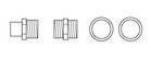 Quatre représentations schématiques d'une pièce cylindrique filetée. Vues de côté et de dessus.