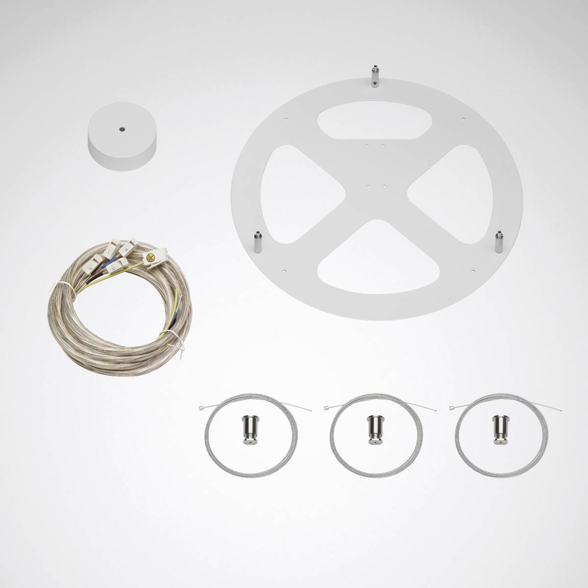 Kit de montage au plafond comprenant des câbles, un support circulaire et des éléments de fixation, destiné à l'installation d'appareils électroniques.