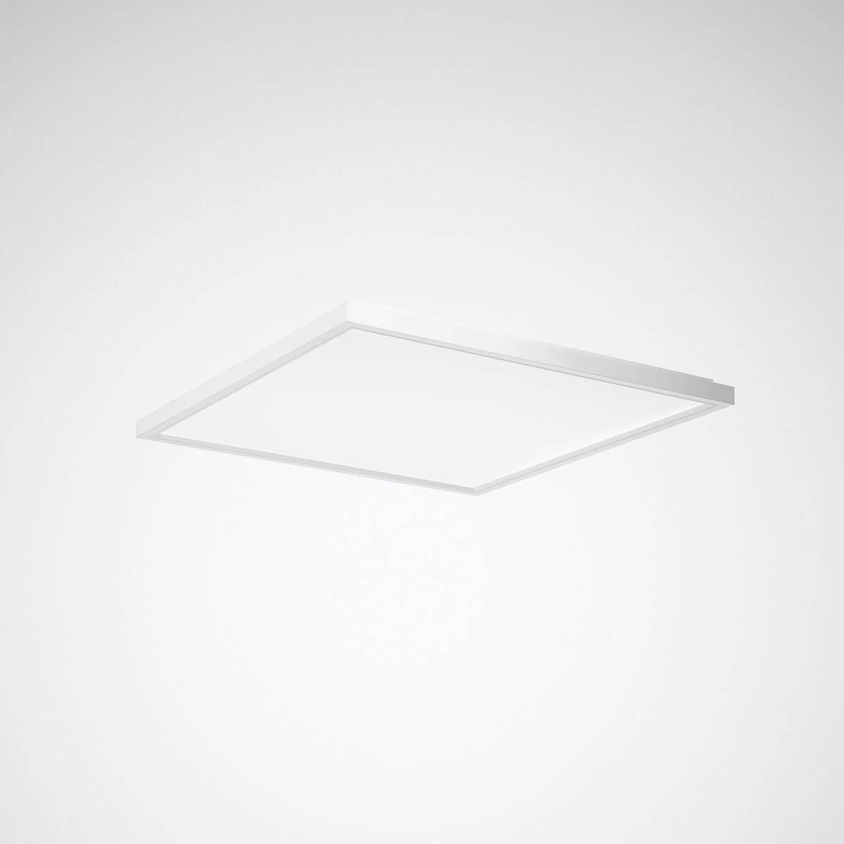 Un plafonnier carré blanc au design épuré sur un fond gris.