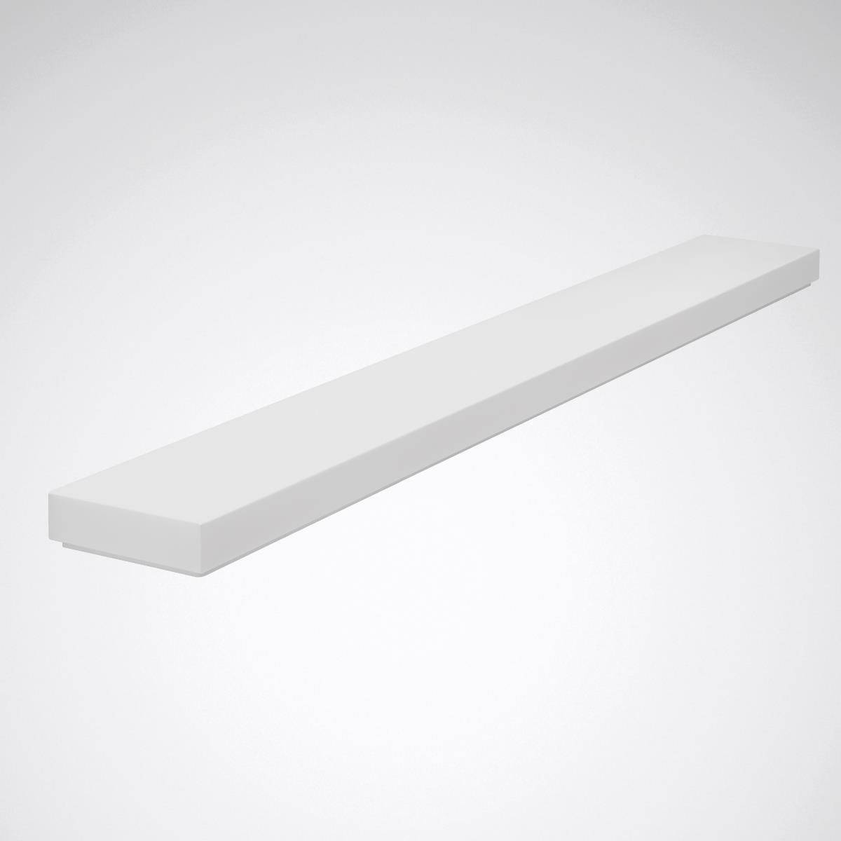 Une étagère simple, longue et blanche, sans supports visibles, présentée devant un fond gris.