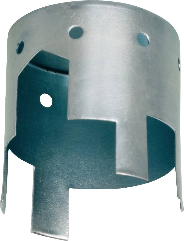Objet métallique de forme cylindrique, avec des côtés ouverts et plusieurs trous. Élément potentiel d'un dispositif mécanique ou technique.