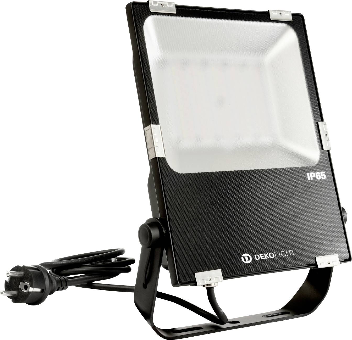 Un projecteur LED noir de classe de protection IP65, adapté à une utilisation extérieure. Le câble de connexion et le support sont visibles.