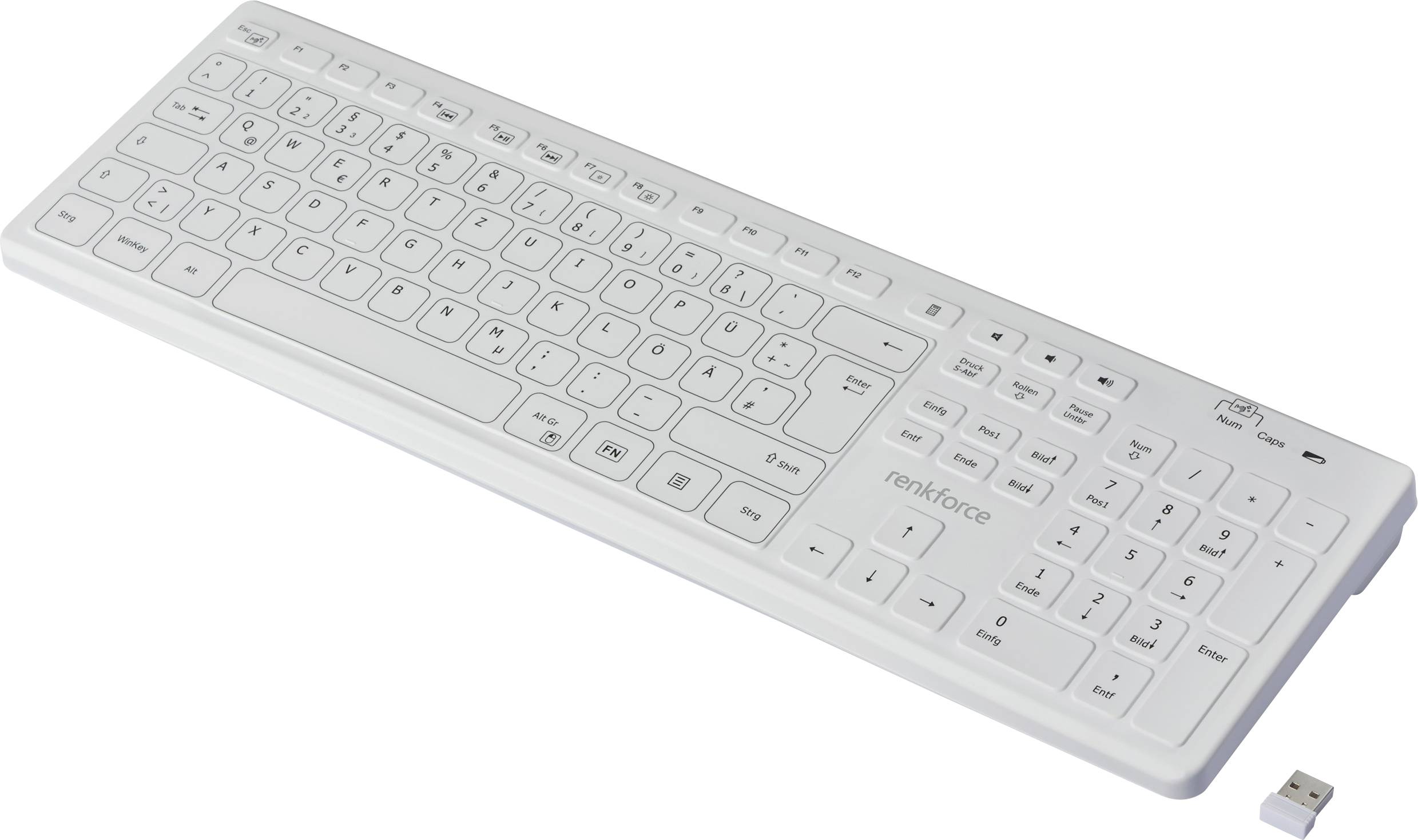Clavier blanc sans fil avec disposition allemande QWERTZ et récepteur USB séparé, adapté aux ordinateurs et ordinateurs portables.