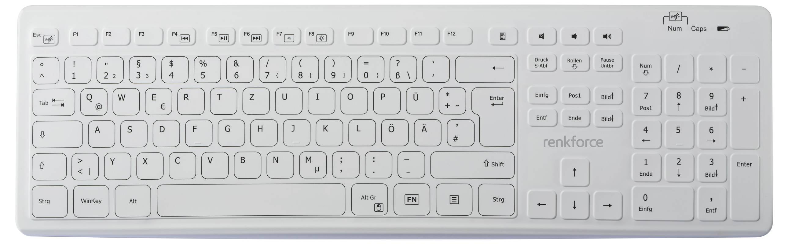Clavier d'ordinateur blanc de Renkforce avec disposition complète, y compris le pavé numérique. En haut à droite se trouvent les voyants Verr Num, Verr Maj et Inser.