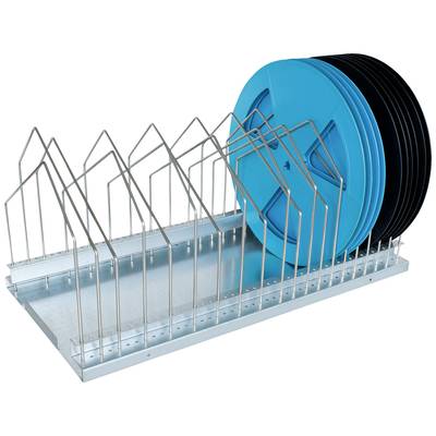 Un support métallique avec plusieurs fentes dans lesquelles des disques en plastique bleus et noirs sont disposés verticalement.