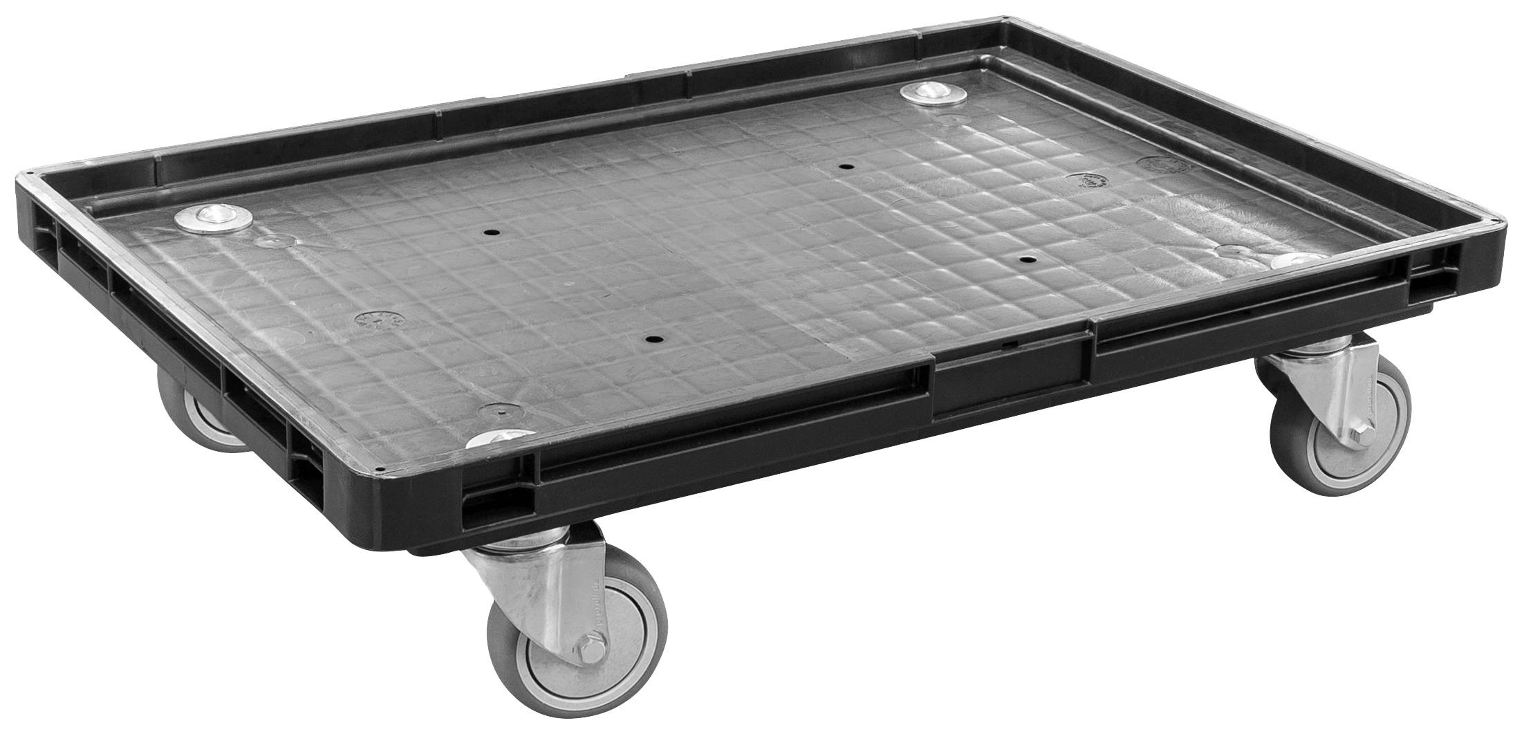 Chariot de transport noir avec quatre roues pivotantes. Plateforme rectangulaire à bord surélevé pour le transport sécurisé de marchandises.