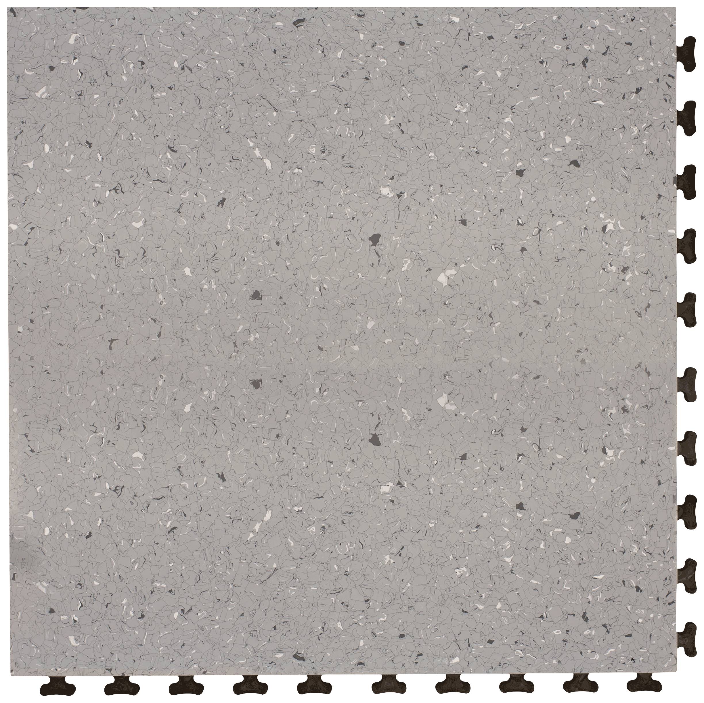 Carreau de sol gris, carré, avec un motif fin et tacheté, présentant des bords imbriqués sur un côté pour se connecter à d'autres carreaux.