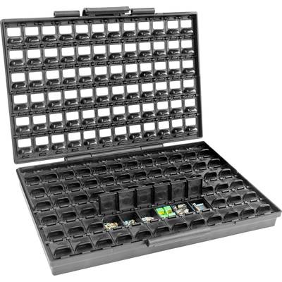 Valise noire ouverte avec des compartiments dans lesquels des composants électroniques sont triés.